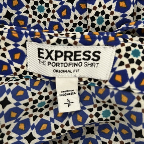 Express Shirt Womens Small‎ Blue Multi Geometric Portofino Chiffon Casual Career - Picture 7 of 8